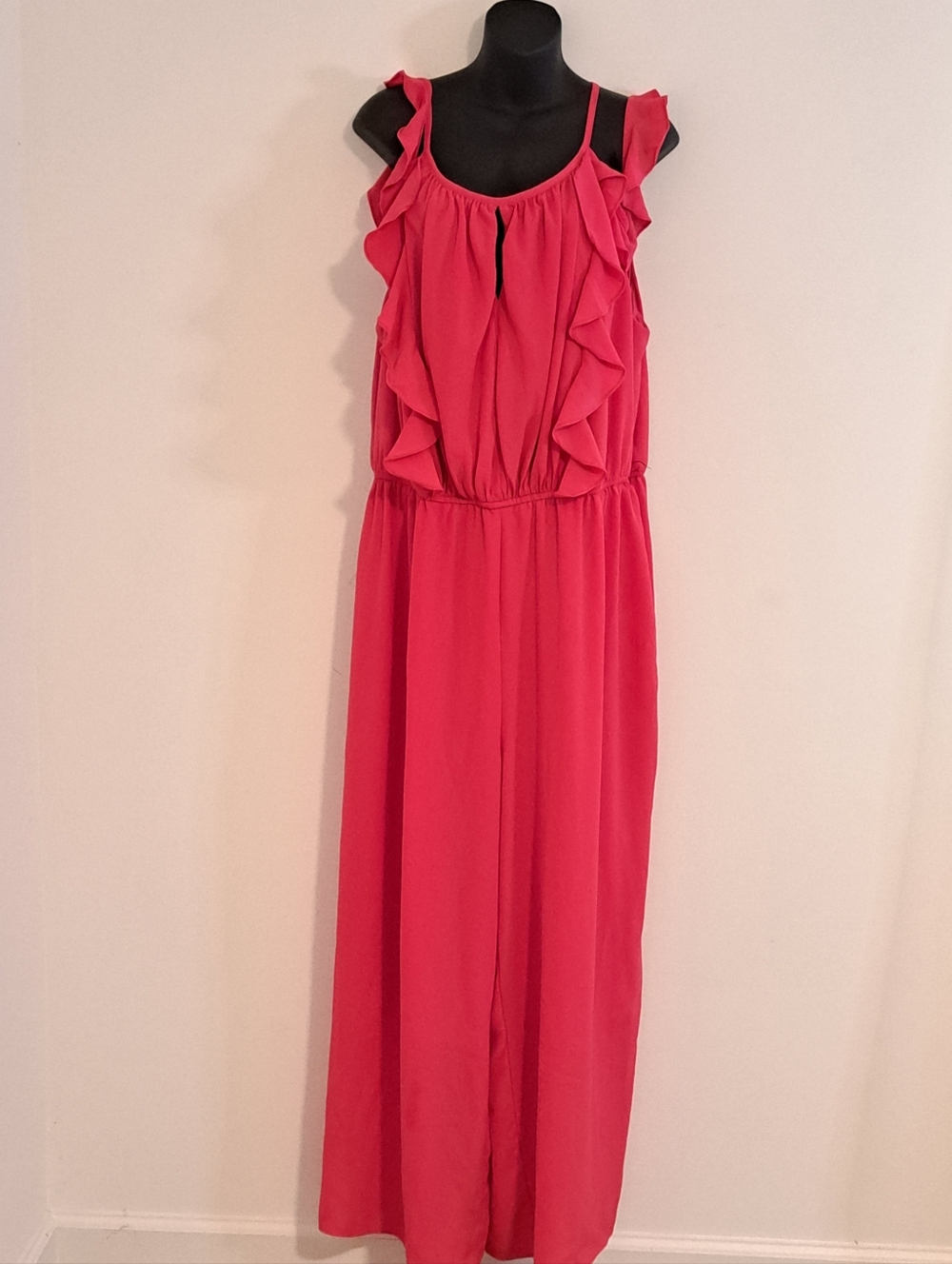 Lane Bryant Coral Wide-Leg Ruffle Front Accent Cold Shoulder Jumpsuit Size 22 - Picture 4 of 11